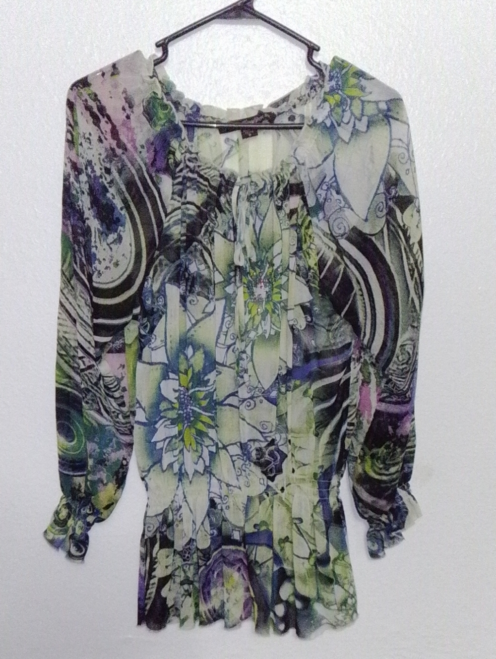 Sheer Floral Tie-Neck Blouse in Green & Purple